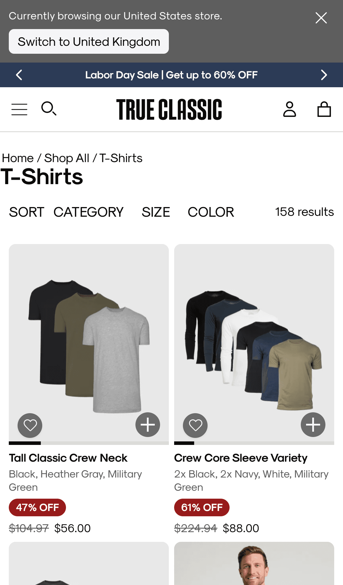True Classic collection page on mobile